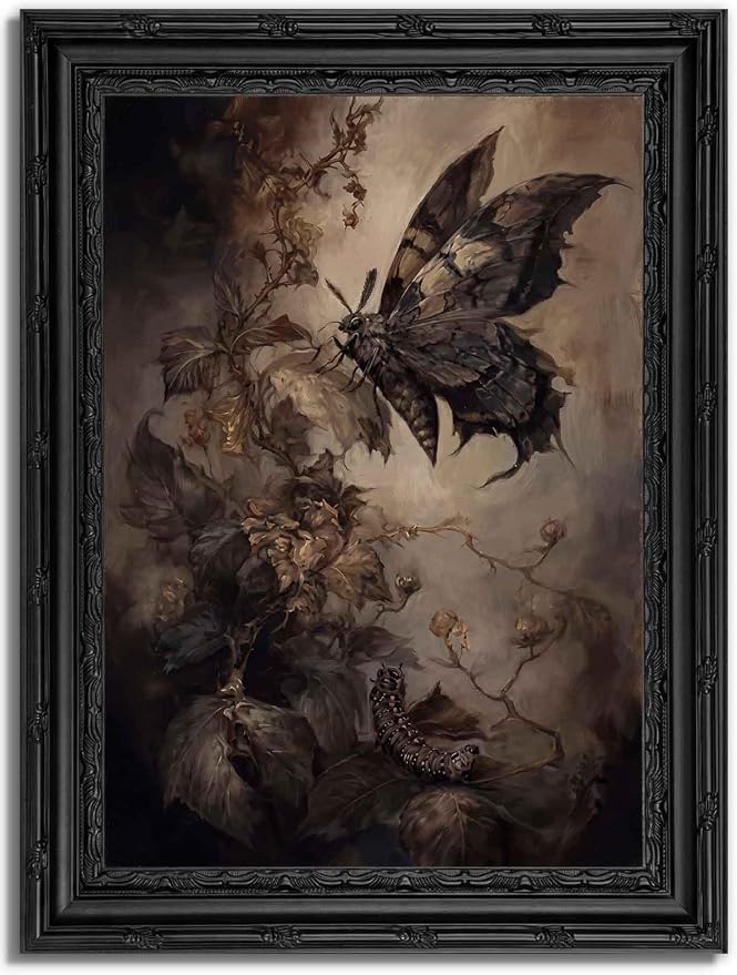 Black Framed Gothic Moth Canvas Wall Art, Vintage Dark Floral Painting Picture Wall Decor, Witchy Moody Insect Poster Prints Artwork for Bedroom Living Room Kitchen Home Decoration, 12x16in