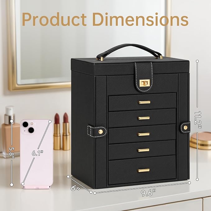 AKOZLIN 6-Tier Jewelry Box Organizer Functional 5 Drawers Leather Jewelry Storage Case for Women Girls Ring Necklace Earring Bracelet Holder Organizer with Mirror Medium Black