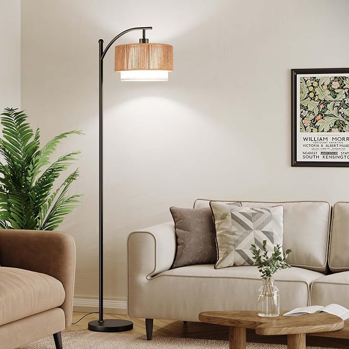 SUNMORY Arc Floor Lamps for Living Room, Rattan Standing lamp with 12W Bulb