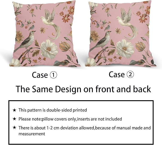 Kawani Vintage Floral Pillow Covers 16x16 Inch Set of 2 Pink Chinoiserie Flower and Bird Outdoor Decorative Throw Pillows Retro Rustic Pillowcases Farmhouse Cushion Covers for Couch Home Decor