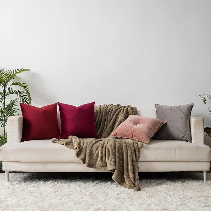 Red Wine Decorative Velvet Throw Pillow Covers 20x20 inch Set of 2 with Zipper Luxury Soft Solid Square Cushion Covers Case for Sofa Couch Bed Living Room