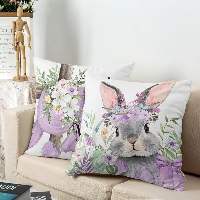 Purple Easter Bunny Pillow Covers 20x20 Inch Set of 2 Spring Decor