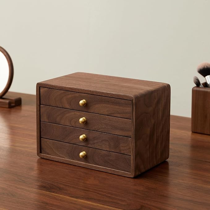 Wooden Jewelry Box for Women Men, 4 Drawers | Velvet Lined Organizer, Large, Solid Black Walnut Brass Handles, For Rings, Necklaces, Earrings