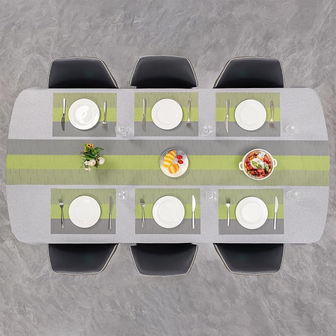 Placemats Set of 6, Vinyl Woven Heat-Resistant Place Mats | Washable Wipeable PVC Table Mats, Non Slip Placemat for Kitchen Dining Indoor Outdoor Table (Gray Grass Green, Set of 6)
