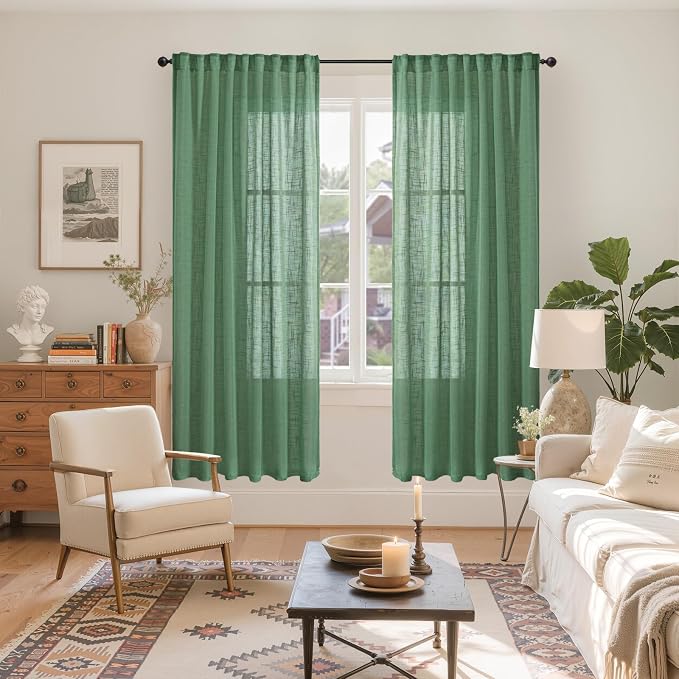YoungsTex Green Linen Semi Sheer Curtains 72 Inch Length - Light Filtering Drapes with Back Tab Rod Pocket Lightweight for Living Room Window, 2 Panels, 52 X 72 Inch