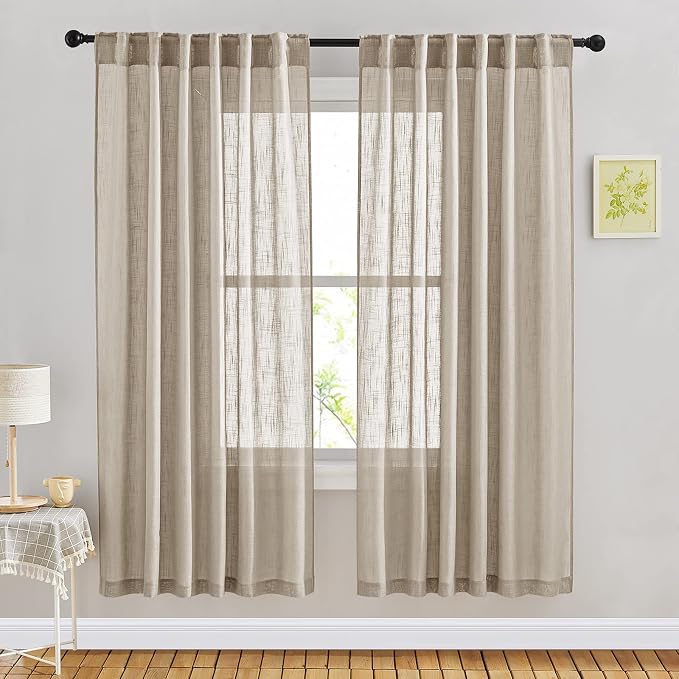 NICETOWN Privacy Linen Sheer Curtains, Rod Pocket & Back Tab Elegant Vertical Drapes Semi Sheer Soft Panels with 72 Inches Long for Bedroom/Nursery, 2 Panels=104" Wide, Taupe, Set of 2
