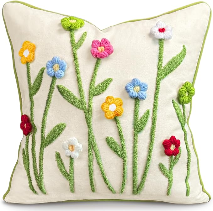 Throw Pillow Covers 18x18 - Tufted Decorative Pillow Cover with Zipper for Couch Sofa Bed Living Room Aesthetic Cute Soft Spring Summer Farmhouse Indoor Pillowcase, Colorful Floral