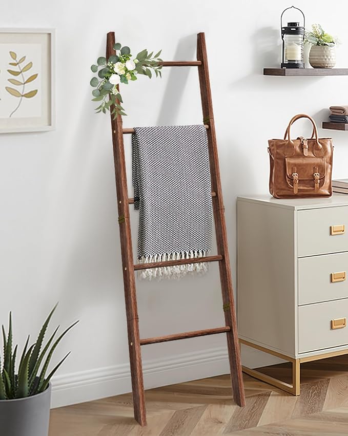 XLHOMO 5-Tier Wooden Blanket Ladder, 63" Rustic Leaning Blanket Rack for Living Room, Decorative Quilt and Towel Holder for Bedroom Bathroom Farmhouse Home Decor, Brown