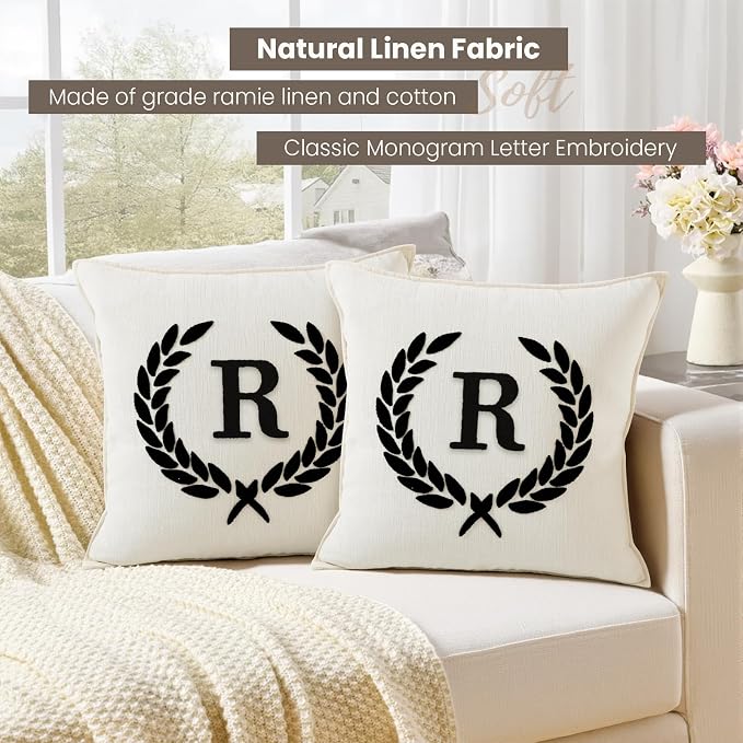 Pack of 2 Chenille Initials Pillowcases 18x18 inch Cream White