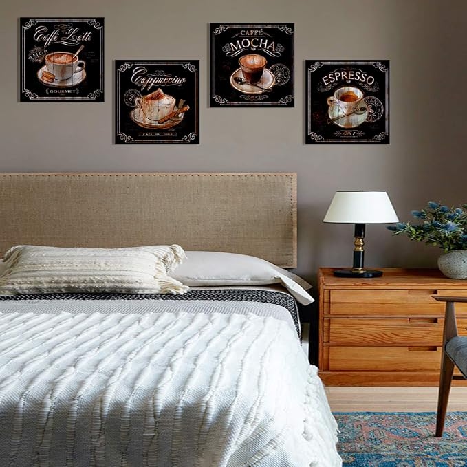 Vintage Coffee Wall Decor Kitchen Bar Wall Art Retro Brown Coffee Picture Latte Mocha Espresso Cup Cafe Signs Canvas Painting Modern Artwork for Dining Room Restaurant Office Home Decoration 16x16" 4P