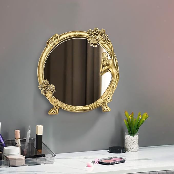 JUXYES Small Wall Mirror Decor Retro Gold Resin Beauty Girl Wall Mirror | Vintage Cosmetic Mirror with Decorative Frame - A Girl Looking In the Mirror, Unique Elegant Wall Mirror Gift for Women Girls