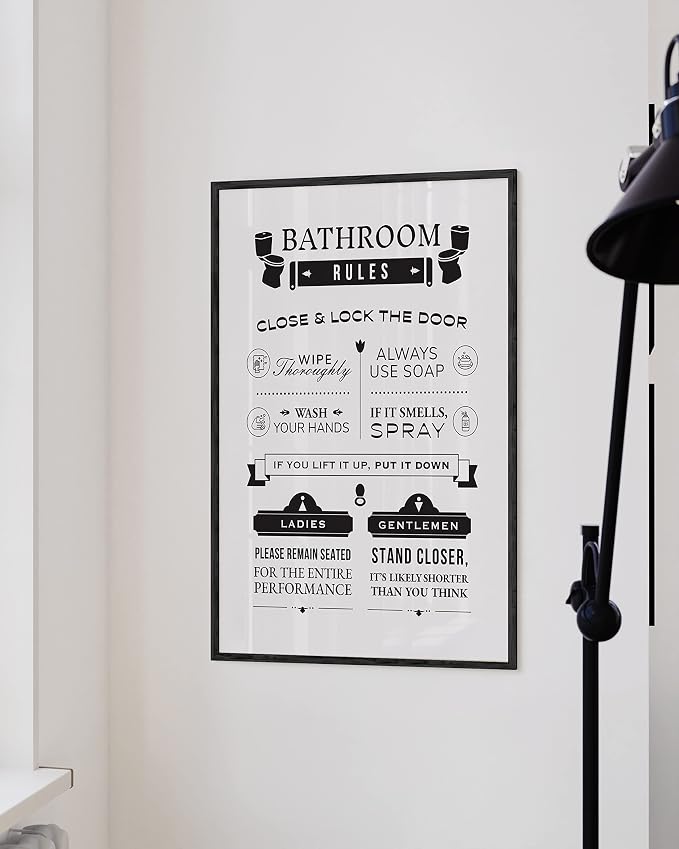 HAUS AND HUES Funny Bathroom Rules Wall Art – Toilet Rules Poster, Humorous Bathroom Sign, Funny Wall Decor for Restroom or Guest Bath (24x36, Unframed)