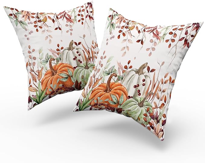 Giwawa Fall Pillow Covers Set of 2 18x18 Inch Orange Green Pumpkins Autumn Leaves Thanksgiving Cushion Covers Farmhouse Decorative Double Sided Throw Pillowcases for Indoor Outdoor Holiday