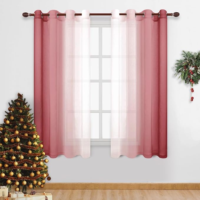 DWCN Ombre Sheer Curtains - Faux Linen Semi Voile Gradient Bedroom and Living Room Curtains, Set of 2 Grommet Top Window Drape Panels, 52 x 63 Inch Length, Burgundy