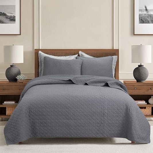 Cozy Line Home Fashions 100% Cotton Quilt Set – 3-Piece Charcoal Gray Solid Classic Modern Quilted Bedspread with Shams, Lightweight All Season Modern Bedding (Diamond Gray, Queen)
