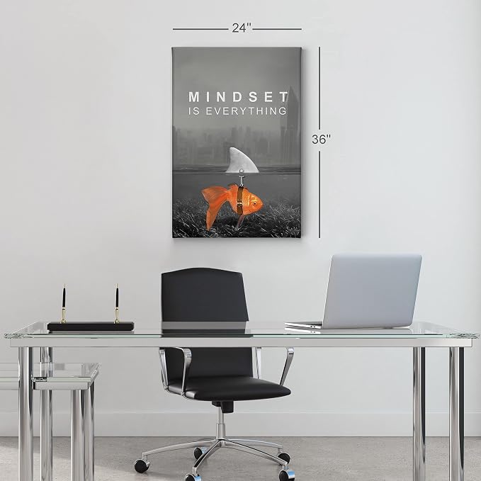 Smile Art Design Mindset is Everything Wall Art Canvas Print Black and White Goldfish Shark Entrepreneur Inspirational Motivational Quote Living Room Office Decor Ready to Hang 36x24