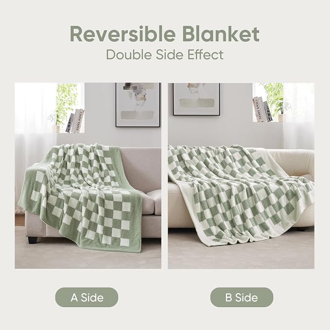 Snuggle Sac Checkered Bedding Blanket Twin Size 60x80, Super Soft Cozy Warm Knit Blankets, Reversible Breathable Lightweight Fluffy Throws for Sofa, Bed, Checkered Sage Green, 60x80 Inches
