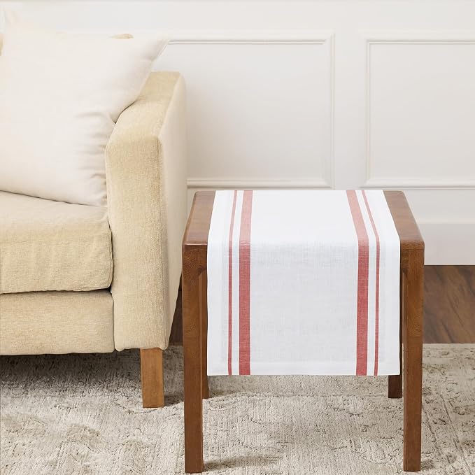 Solino Home 100% Pure Linen Table Runner, 14 x 36 in, Red and White Striped | French Stripe, dresses up dining tables for everyday meals, woven stripe, European flax fibres, soft, OEKO-TEX Certified
