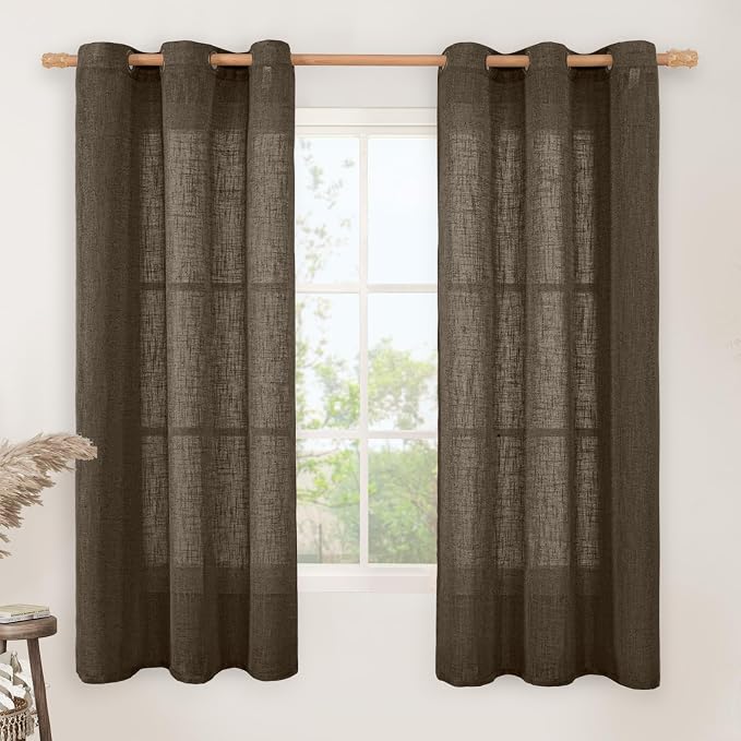 Linen Semi Sheer Curtains 63 Inch Length 2 Panels, Dark Brown | Chocolate, Light Filtering, Bedroom Curtains, Linen Textured, Window, Drapes for Living Room, Bronze Grommet, 34 x 63 Inch