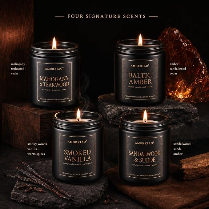 Scented Candles for Men, 4 Pack Dark Woods Manly Gift Set, 9 oz Each