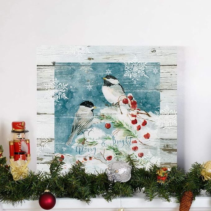Renditions Gallery Christmas Abstract Wall Art Bright Merry Chickadees on White Snowed Cherry Trees Canvas Hanging Artwork Prints for Bedroom Office Home Kitchen - 10"X10" LT05