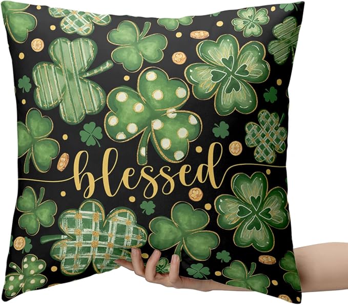 Pack of 2 St Patricks Day Pillow Covers 20x20 Lucky Blessed Shamrock Throw Pillow Covers Green Black Stripes Polka Dots Clover Pillow Cases for Sofa Couch Bed Home Decor