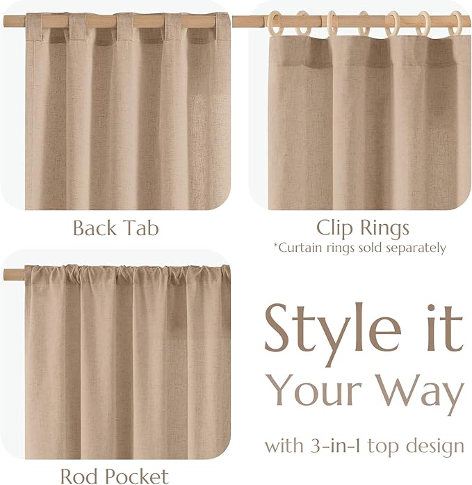 jinchan Linen Curtains Light Filtering Back Tab 100x108 Inch 1 Panel Taupe | Semi Sheer Curtains 108 inch length for Bedroom Living Room, Modern Farmhouse Drapes with Rod Pocket, Natural Boho Curtains