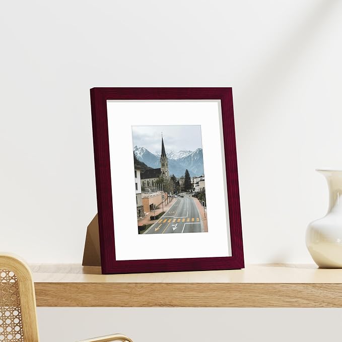 Vittanly 8x10 Picture Frames for Wall Mount & Tabletop, 9 Pack, Cherry Red | Display Pictures 5x7 with Mat or 8x10 without Mat, Small Photo Frames, Engineered Wood with Shatter Resistant Plexiglass