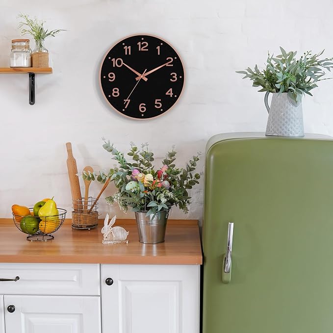 Roymnie 8 Inch Wall Clock, Battery Operated Silent Non Ticking Analog | Black Rose Gold modern analog; large 3D easy-read dial for kitchen, office, bathroom & bedroom; 1 AA battery (not included)