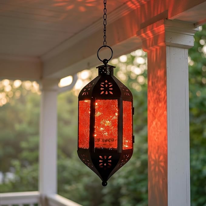 Vela Lanterns Hanging Moroccan Lantern with LED Twinkle Fairy Lights - Exotic Decorative Patio & Porch Decor, Indoor Outdoor Candle Lamp Holder with Chain (13" Large, Amber Glass)