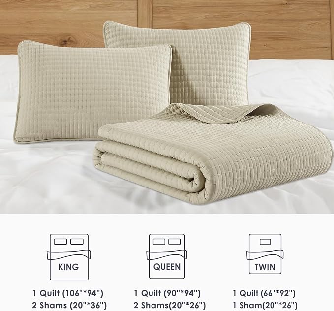 Queen Quilt- Lightweight Bedspreads Beige Queen Size Quilt Bedding Set | Soft Coverlet with 2 Pillow Shams for All Seasons, Suitable for Bed, Couch, 3 Pieces, 90"x94"