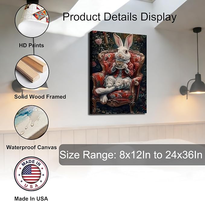 Noble Gentleman Easter Rabbit Canvas Print, Vintage Framed Bunny Art for Office Wall Decor, Victoria Spring Canvas Art Pictures for Living Room Hallway Holiday Wall Decoration