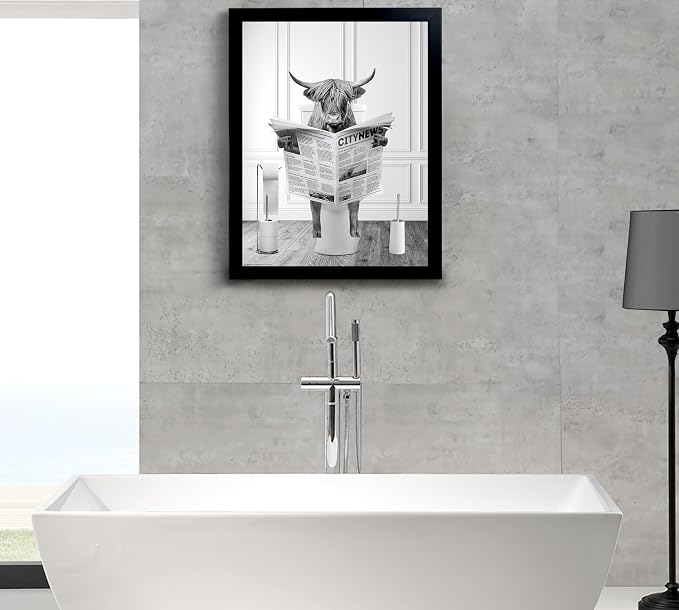 Funny Highland Cow Wall Art, Black Framed, Humor Animals Bathroom Artwork, Kids Bedroom Decor