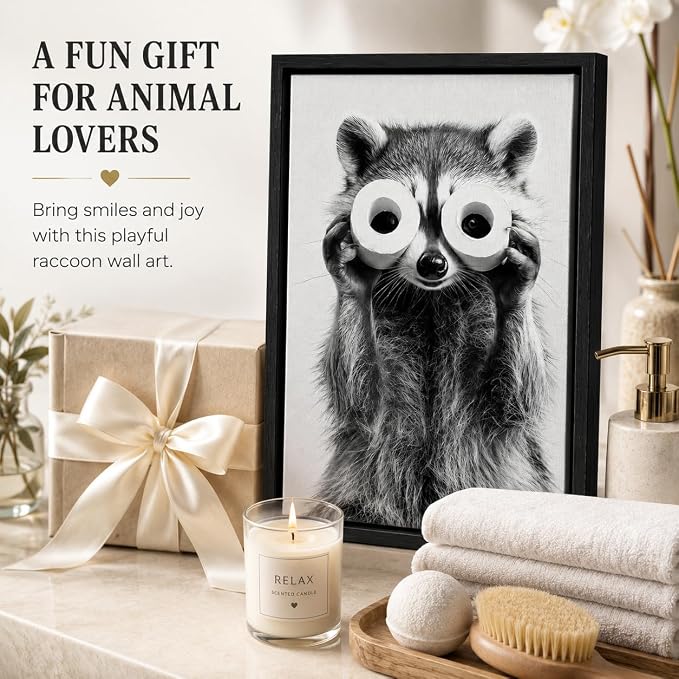Framed Adorable Raccoon Bathroom Canvas Wall Art Toilet Paper Raccoon Wall Decor Pictures Funny Black and White Bathroom Animal Posters Prints for Restroom Home Decoration 12x16in
