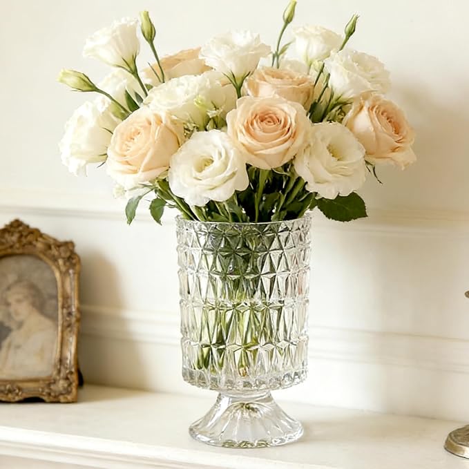 BLOFLO Embossed Glass Vase, 7'' Crystal Glass Vases, Pedestal Big Base Glass Bouquet Vase, Hydroponic Glass Transparent Vase for Home Office Wedding Dining Table Party (Long Rhombus Pattern)
