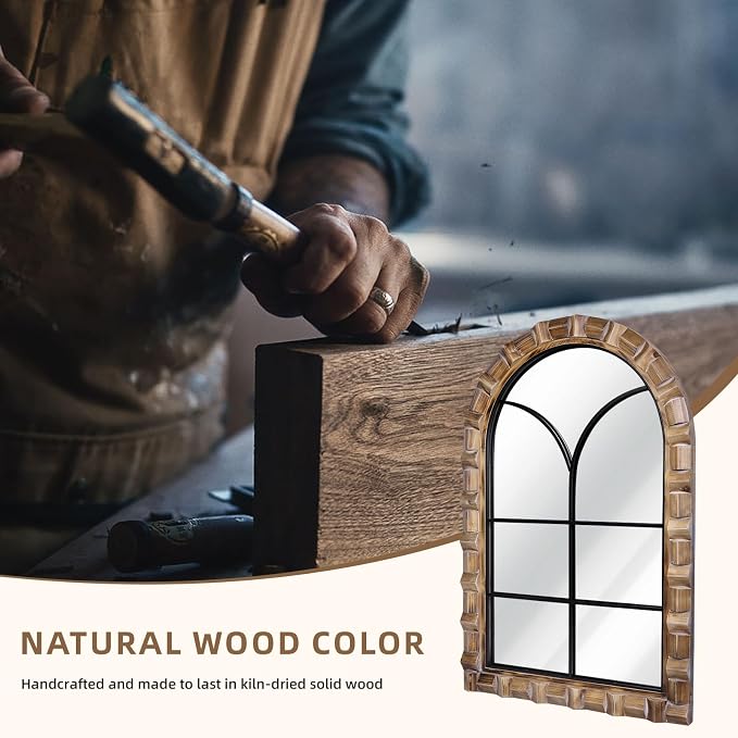 36x24 Inch Arched Window Pane Wall Mirror | Rustic Farmhouse Solid Wood Decorative Mirror for for Living Room, Bedroom, Entryway & Bathroom