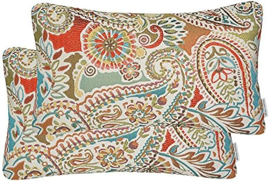 Mika Home Pack of 2 Oblong Rectangular Throw Pillow Cover Cushion Cases for Sofa Couch Chair,Paisley Pattern,12x20 Inches,Red Teal Cream Multicolor