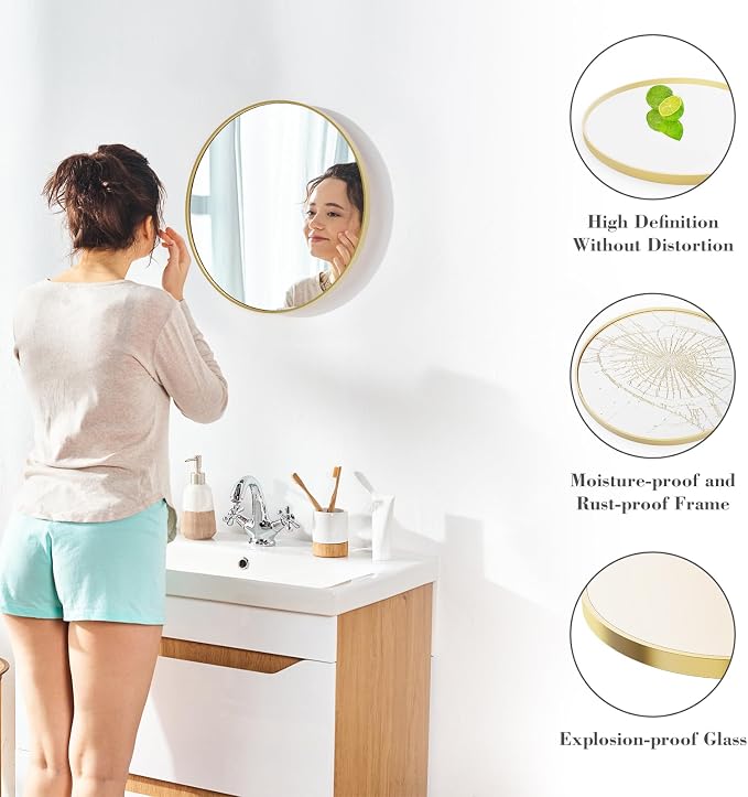 NEWBULIG 20IN Round Bathroom Wall Mirror | Vanity Mirrors for Over Sink, HD Glass Decorative for Entryway, Bedroom & Living Room, Anti-Rust, Tempered Glass, Gold
