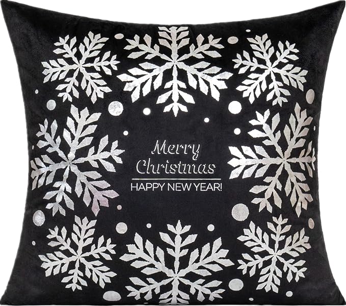 All Smiles Black Silver Christmas Throw Pillow Covers Decorations Cases 18X18 Set of 4 Winter Snowflakes Xmas Indoor Home Décor Velvet Navidad Cushion for Bed Sofa Couch Tree Reindeer