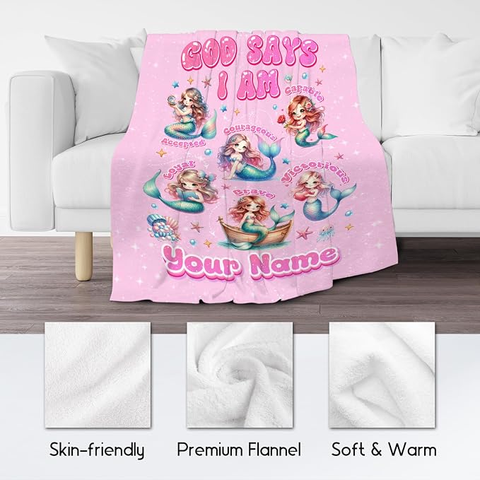 Personalized Mermaid Blanket for Girls, Custom Name Gift, God Says I Am Blanket, Cute Fleece Fuzzy Throw, 30"x40"