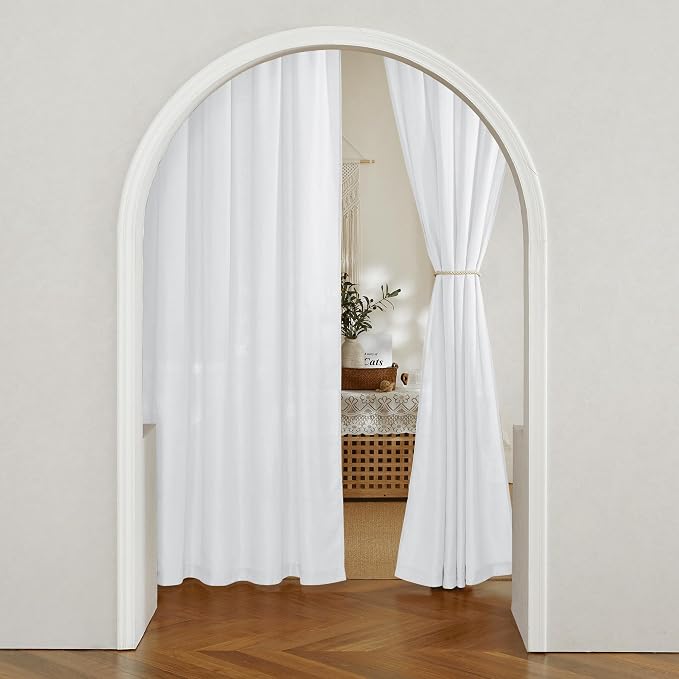 RYB HOME Linen Sheer Curtains 2 Panels for Living Room, Semi Transparent Privacy Drapes with Rod Pocket Farmhouse Style Window Treatments for Bedroom, White, 70" W x 84" L