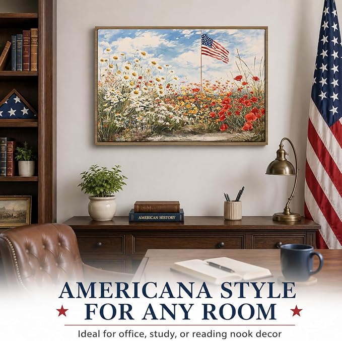 American Flag Framed Canvas Wall Art, 4th of July Patriotic Canvas Prints | Wildflower Landscape Poster Print, Vintage Rustic Independence Day Wall Decor for Bedroom Living Room Office 20×24in
