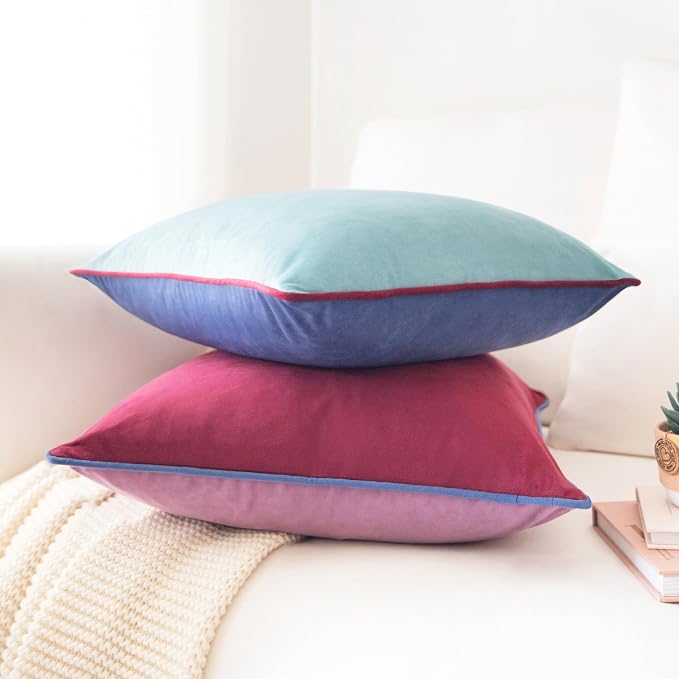 MONDAY MOOSE Decorative Throw Pillow Covers Cushion Cases, Set of 2 Soft Velvet Modern Double-Sided Designs, Mix and Match for Home Decor, Pillow Inserts Not Included (18x18 inch, Purple/Blue)