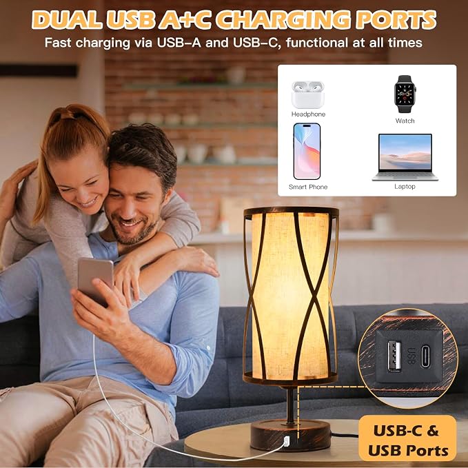 Distressed Table Lamps for Living Room, 3 Way Dimmable Touch Lamps, Small Bedside Lamps with LED Bulbs, USB Ports C+A, Nightstand Lamp for Kids Room, Bedroom, Office (2 Pack Iron)
