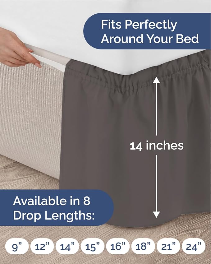 Wrap Around Dust Ruffle Bed Skirt - College Dorm Room - Twin/Twin XL | Dark Grey, 14 Inch Drop, Elastic Strap & Adjustable Pleated Bedskirt, Wrinkle Free, for Women, Men, Students, Kids & Teens