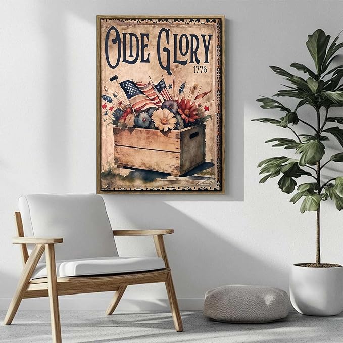 American Flag Framed Canvas Wall Art, 4th of July Patriotic Canvas Prints | 1776 American Flag Poster Print, Vintage Independence Day Wall Decor for Bedroom Living Room Dining Room Office 24×32in
