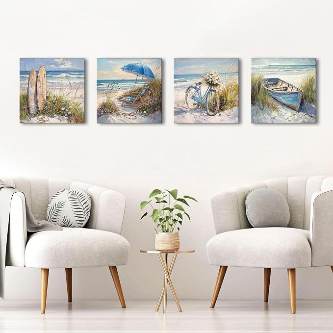 Beach Wall Art Bathroom Decor Rustic Coastal Landscape Bike Boat Surfboard Seaside Canvas Wall Decor for Living Room Abstract Nature Coast Seascape Picture Nautical Beachy Home Decorations 12x12" 4Pcs