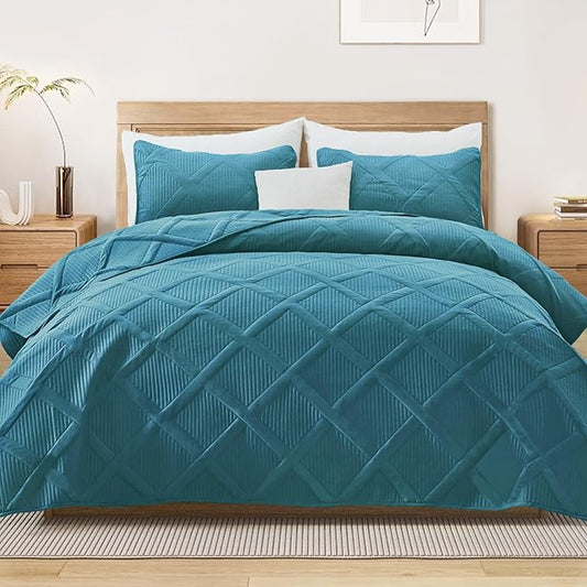 Exclusivo Mezcla Quilts Queen Size, Teal | Soft Bedspreads with 2 Pillow Shams, Modern Striped Pattern, Lightweight Bedding Set Coverlets for All Seasons, 90x96 Inch