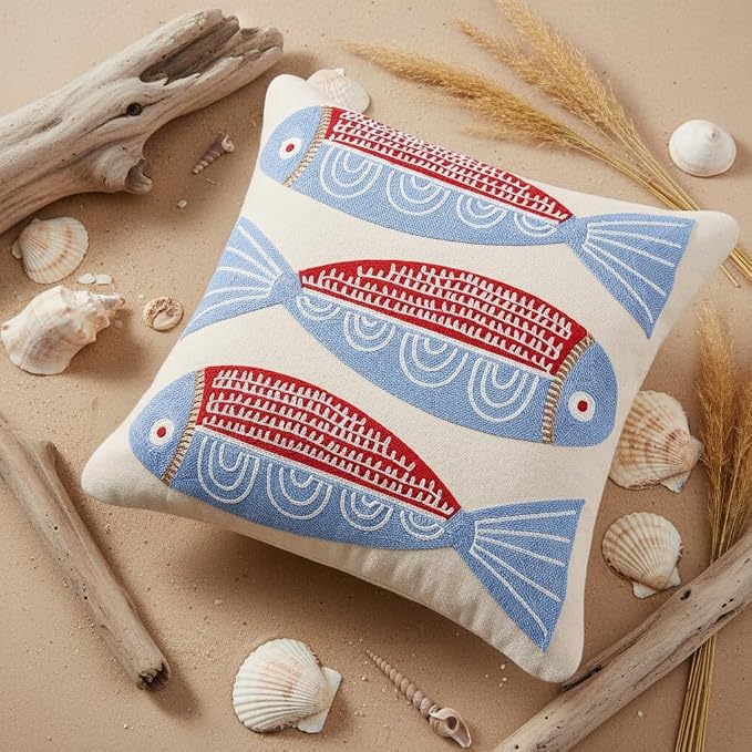 LUOYEHK Summer Embroidered Throw Pillow Covers 18x18 Inch Pack of 2 Coastal Canvas Beach Cushion Covers for Couch Sofa Bed Living Room (Red Fish)