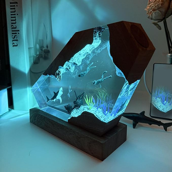 Handmade Shark Resin Lamp with Wooden Base